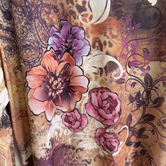 Jess & Jane Top Womens XL Beige Floral Colorful Artsy Boho Asymmetric Comfy USA - Picture 10 of 15